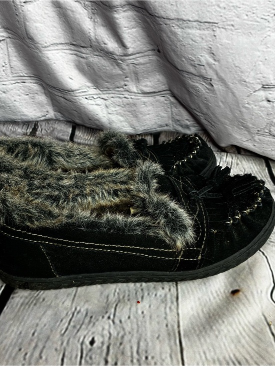 Earth Origins Shoes - Black Suede Neutral Faux Fur Lined Indie Boho Kiltie Fringe Moc Slippers Sz 7/8